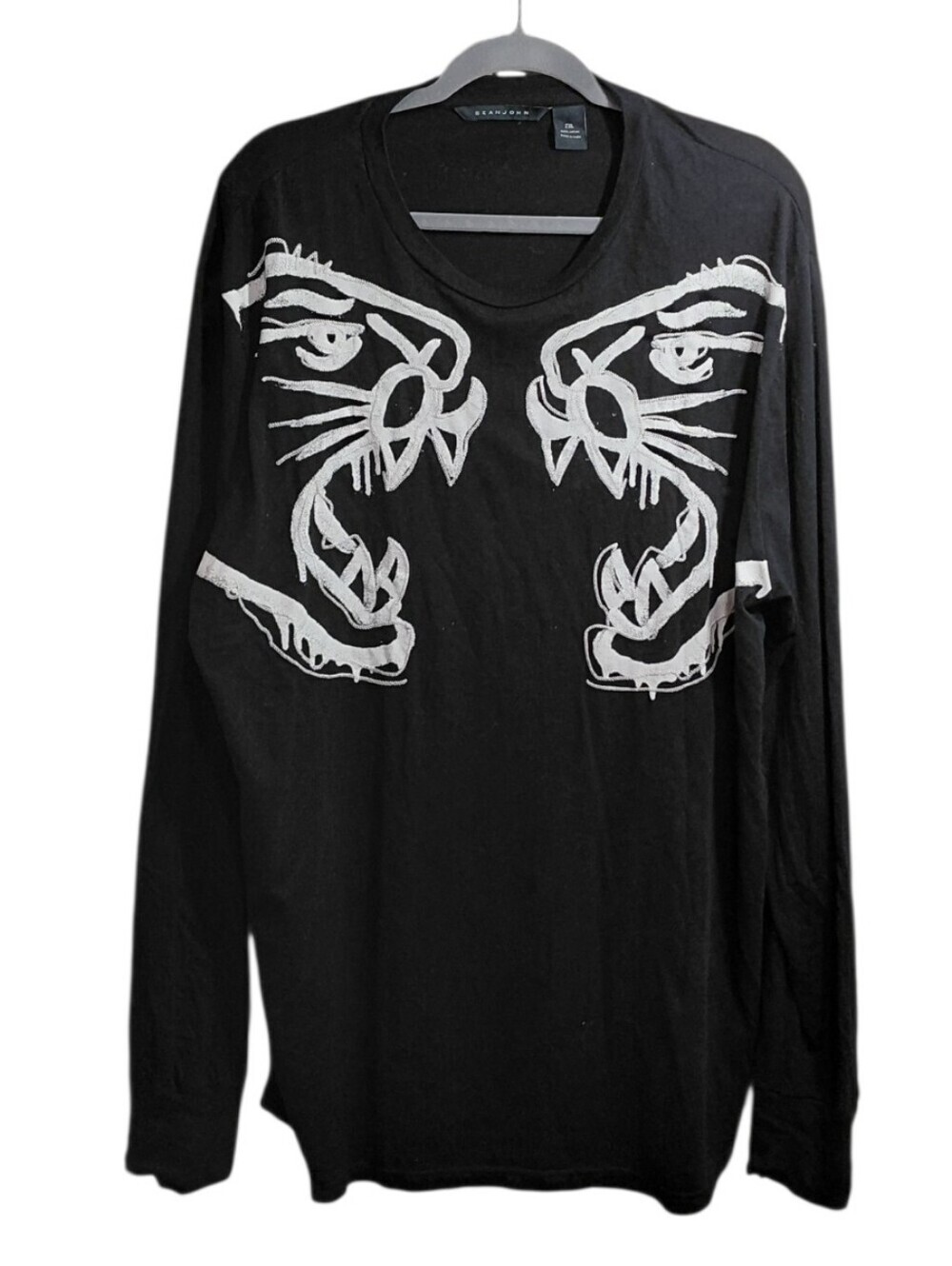 Y2K Sean John Black Long-Sleeve Shirt with White Tiger Faces